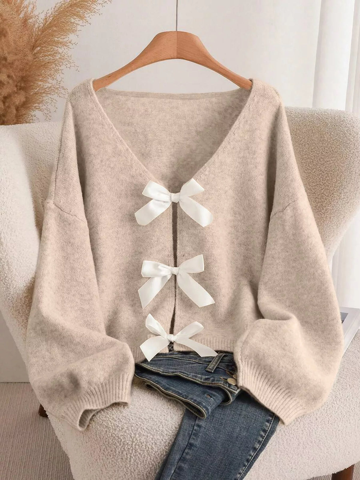 Bow Knot Front V Neck Knit Cardigan, view 11