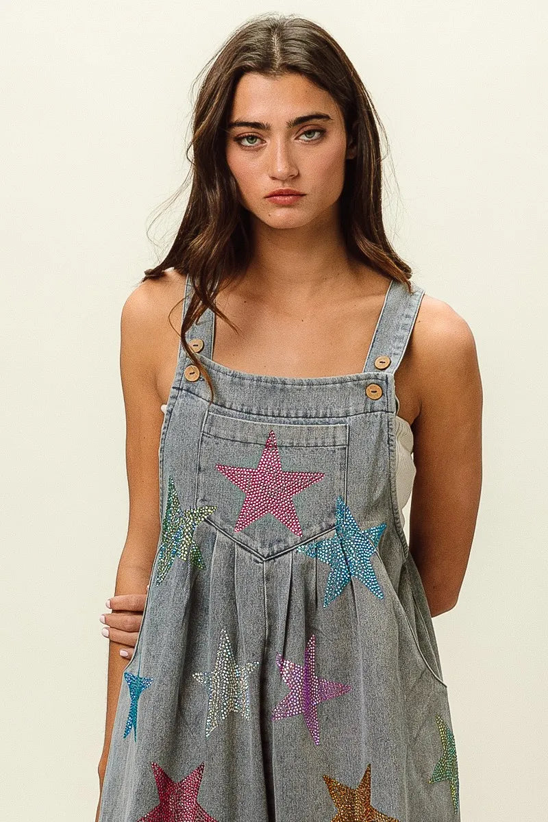 BiBi Star Rhinestone Washed Wide Leg Shortalls - Fashorio