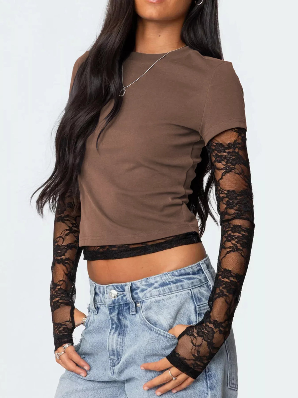 Cropped tee with sheer lace long sleeves back view