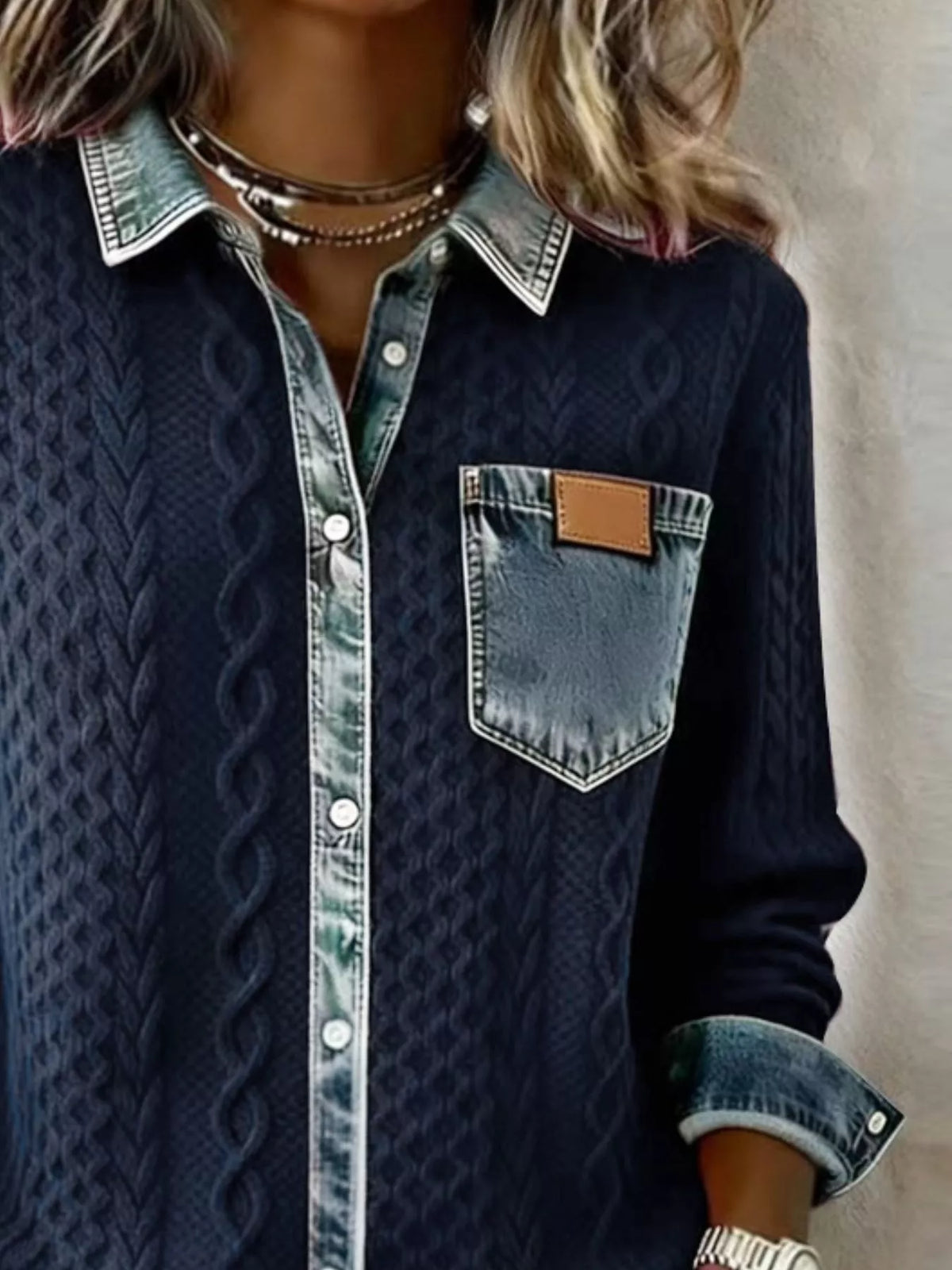 Denim trim cable knit cardigan contrast trim detail