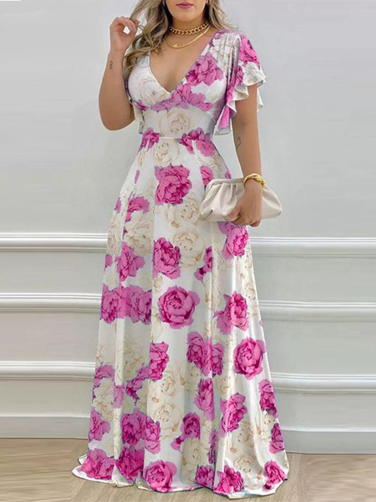 Floral V neck ruffle sleeve maxi dress neckline detail