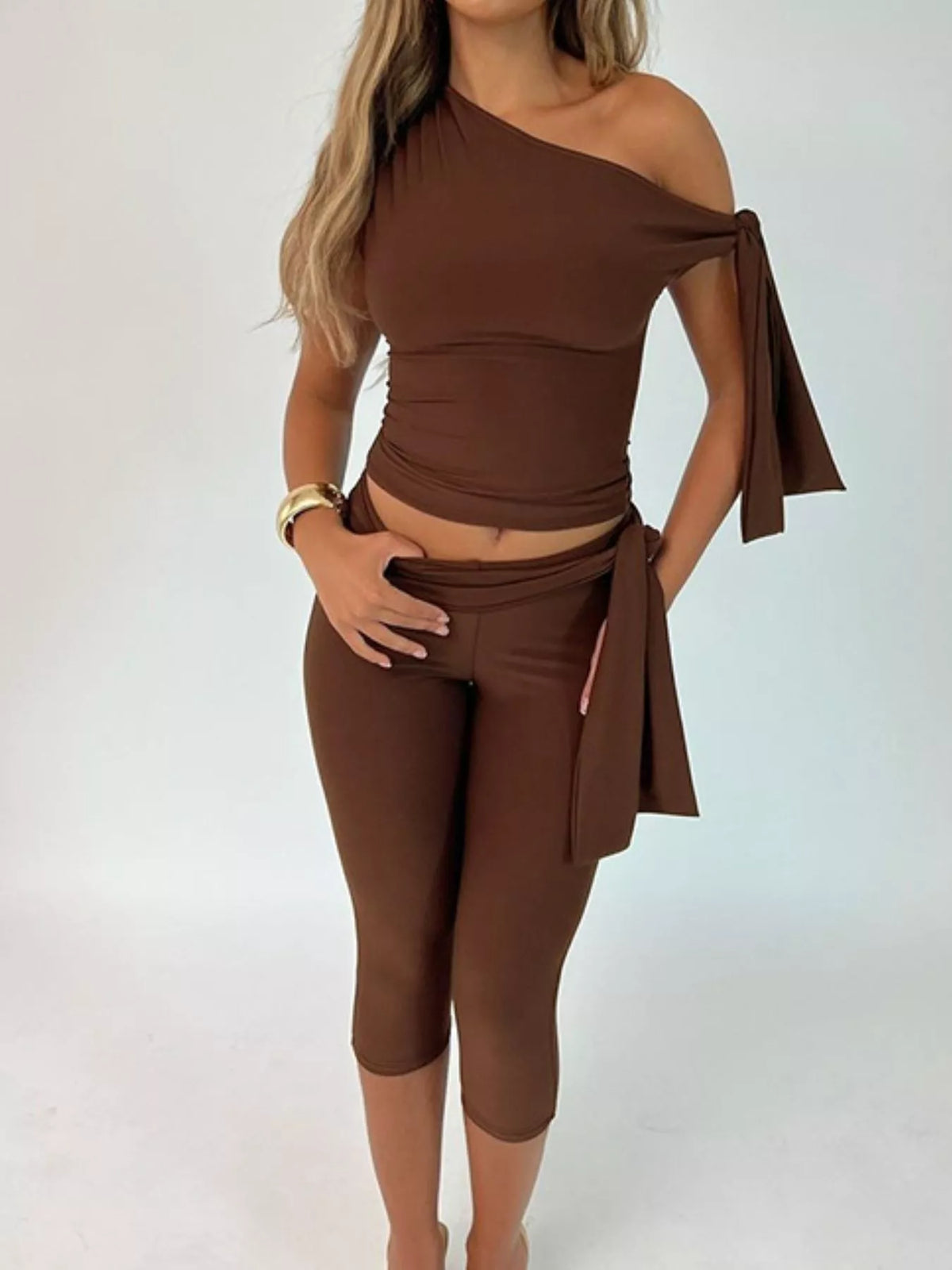 Tied One Shoulder Top and Capri Two Piece Set, view 9