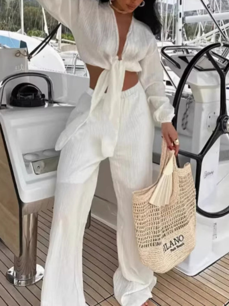 White textured tie front crop top and wide leg pants set front view