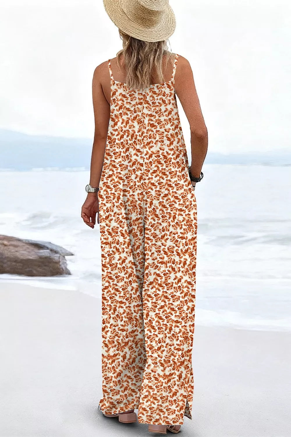 Sherbet floral spaghetti strap wide leg jumpsuit full length view
