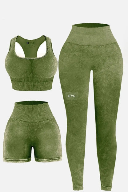 3 Piece Washed Square Neck Wide Strap Active Set Moss - Fashorio