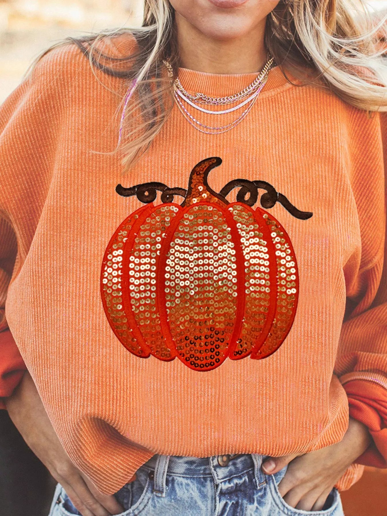 Halloween Sequined Pumpkin Ribbed Round Neck Sweatshirt Tangerine - Fashorio