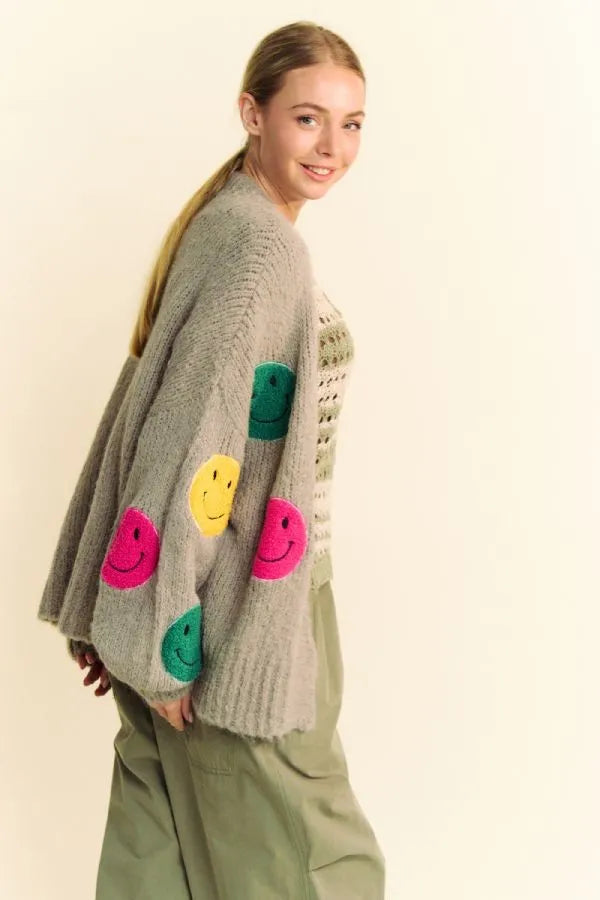 Davi & Dani Fuzzy Smile Open Front Long Sleeve Cardigan - Fashorio