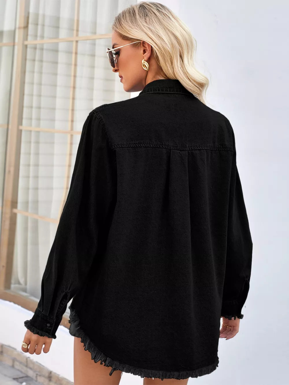 Raw Hem Denim Jacket with Sequin Pockets in Black detail