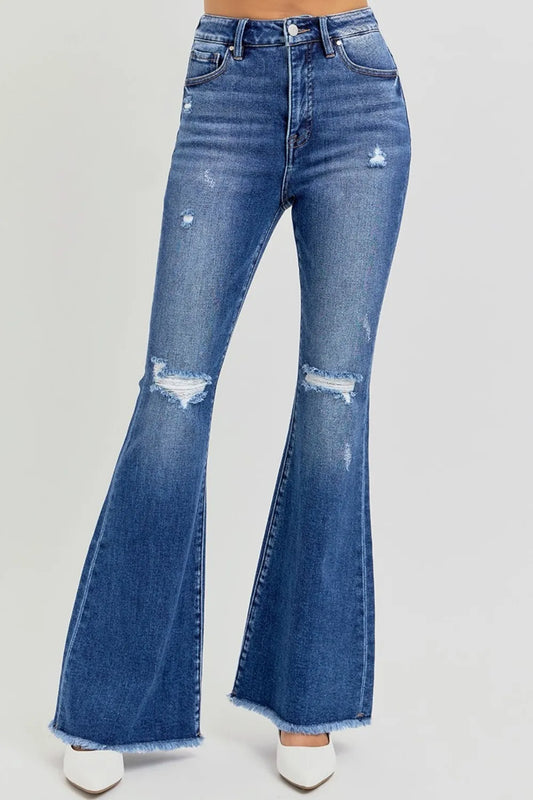 RISEN Full Size High Rise Distressed Raw Hem Flare Jeans Dark - Fashorio