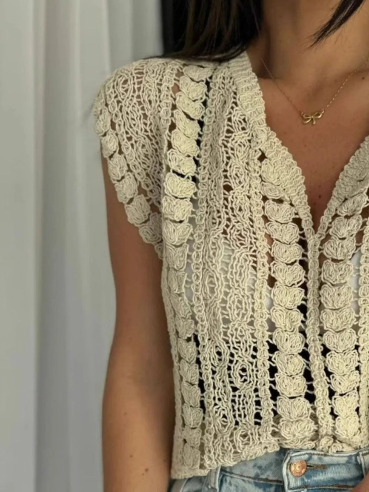 Crochet Knit V Neck Sweater Vest in White styled look