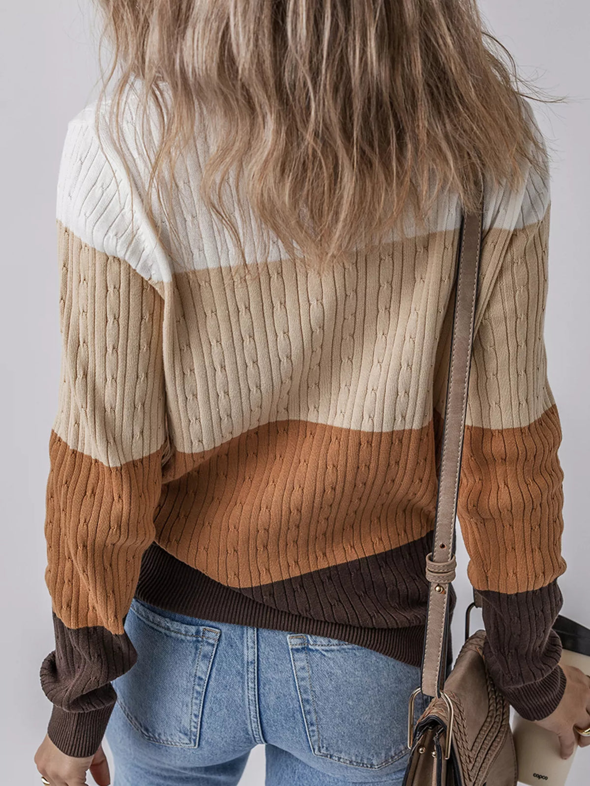 multicolor colorblock cable knit sweater styled on model