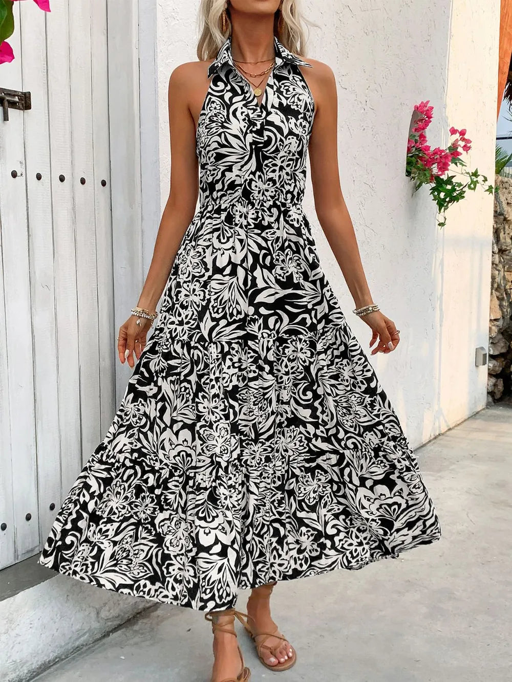 Smocked bodice printed midi dress detail