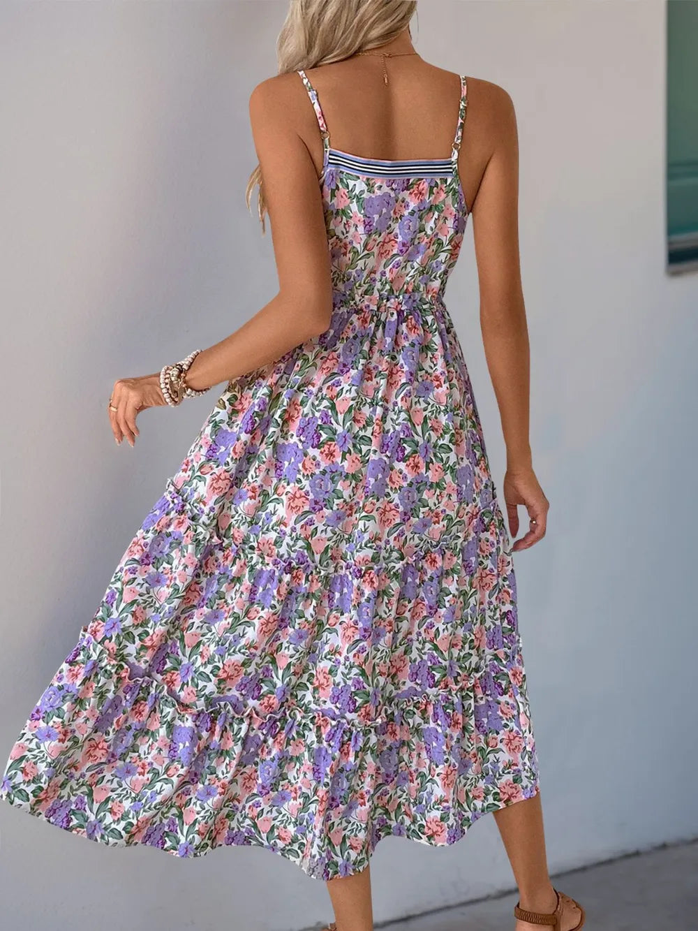 Tiered midi dress decorative button detail