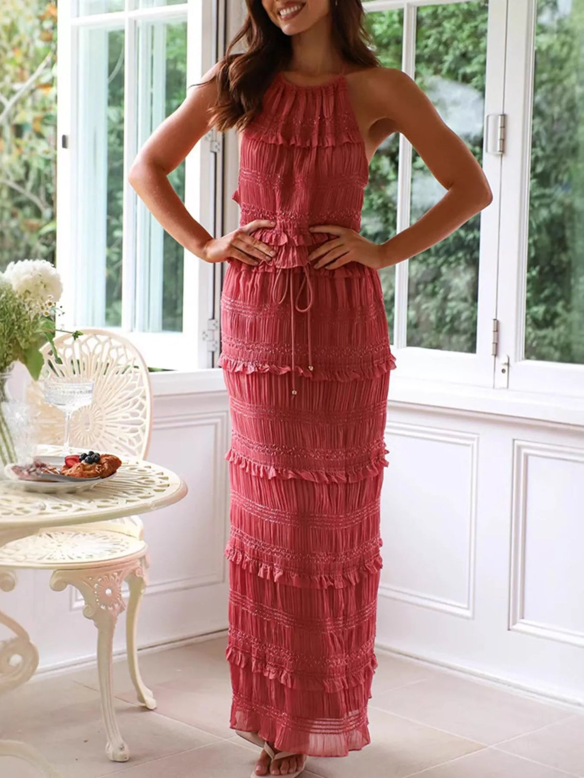 Sleeveless top and maxi skirt set side view