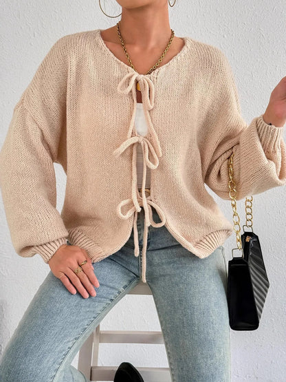 Cozy Bow-Tie Front Knit Cardigan - Fashorio