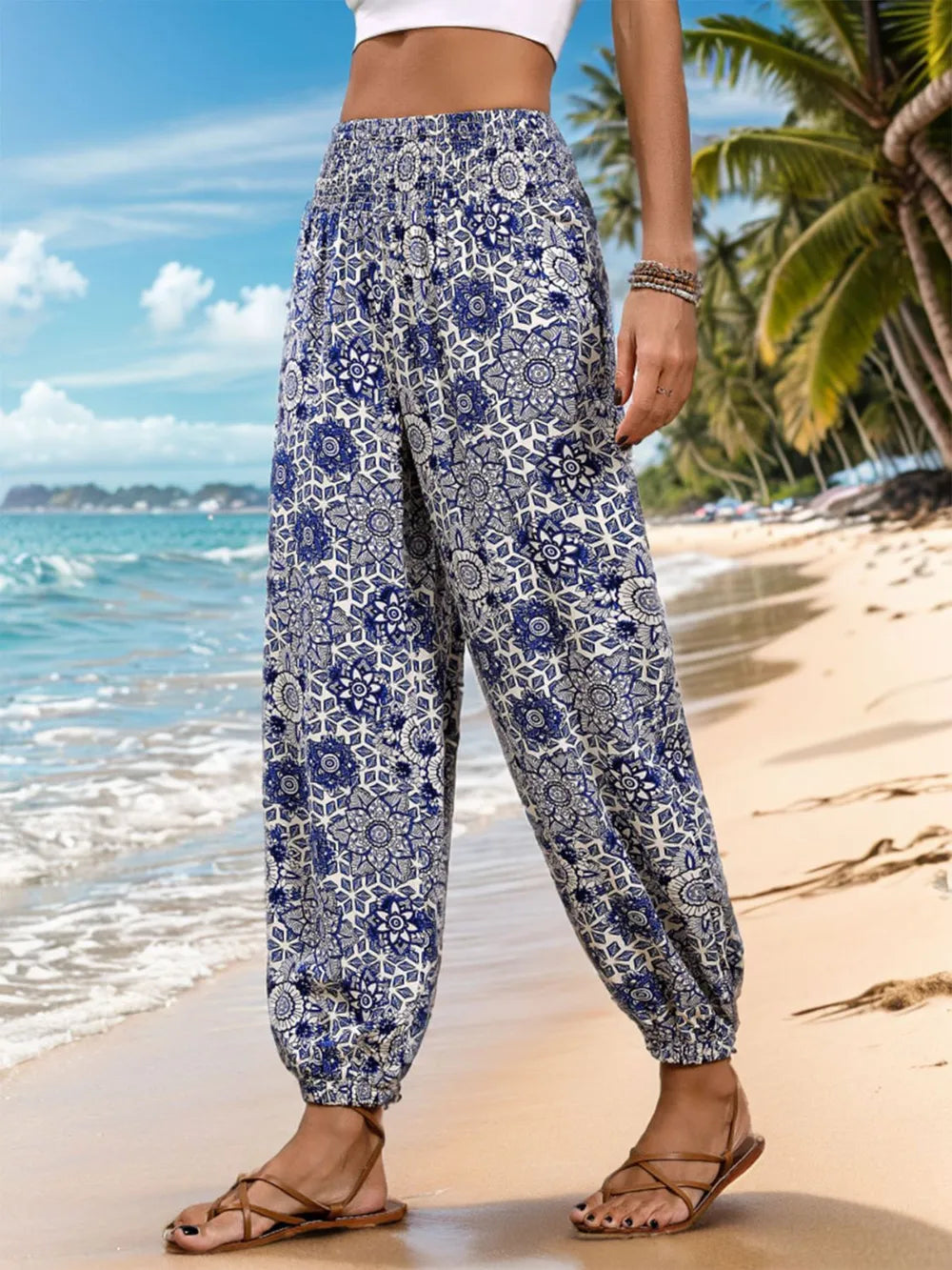 Printed elastic waist wide leg pants back view