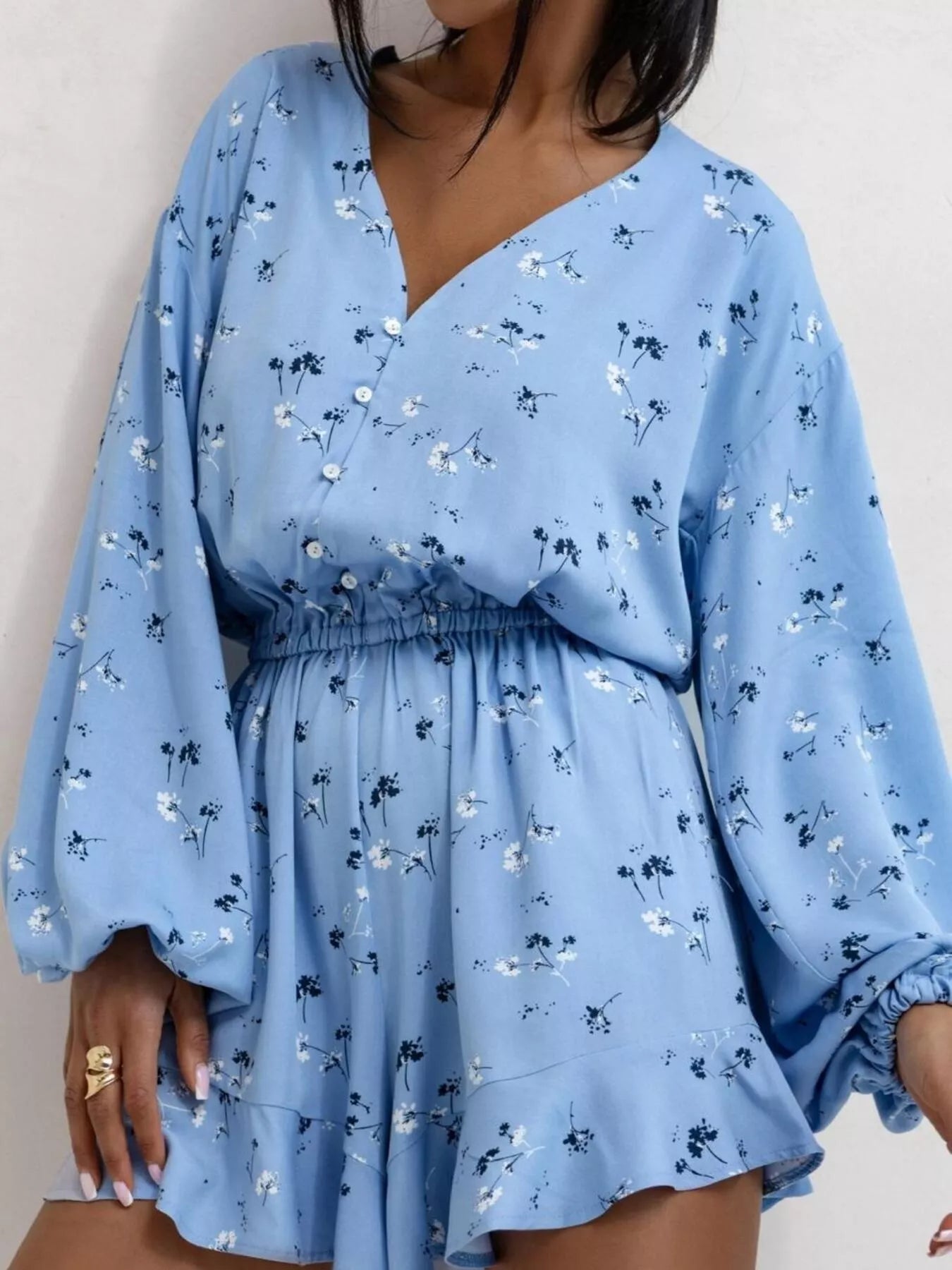 Floral V-Neck Long Sleeve Romper with Elastic Waist Blue - Fashorio