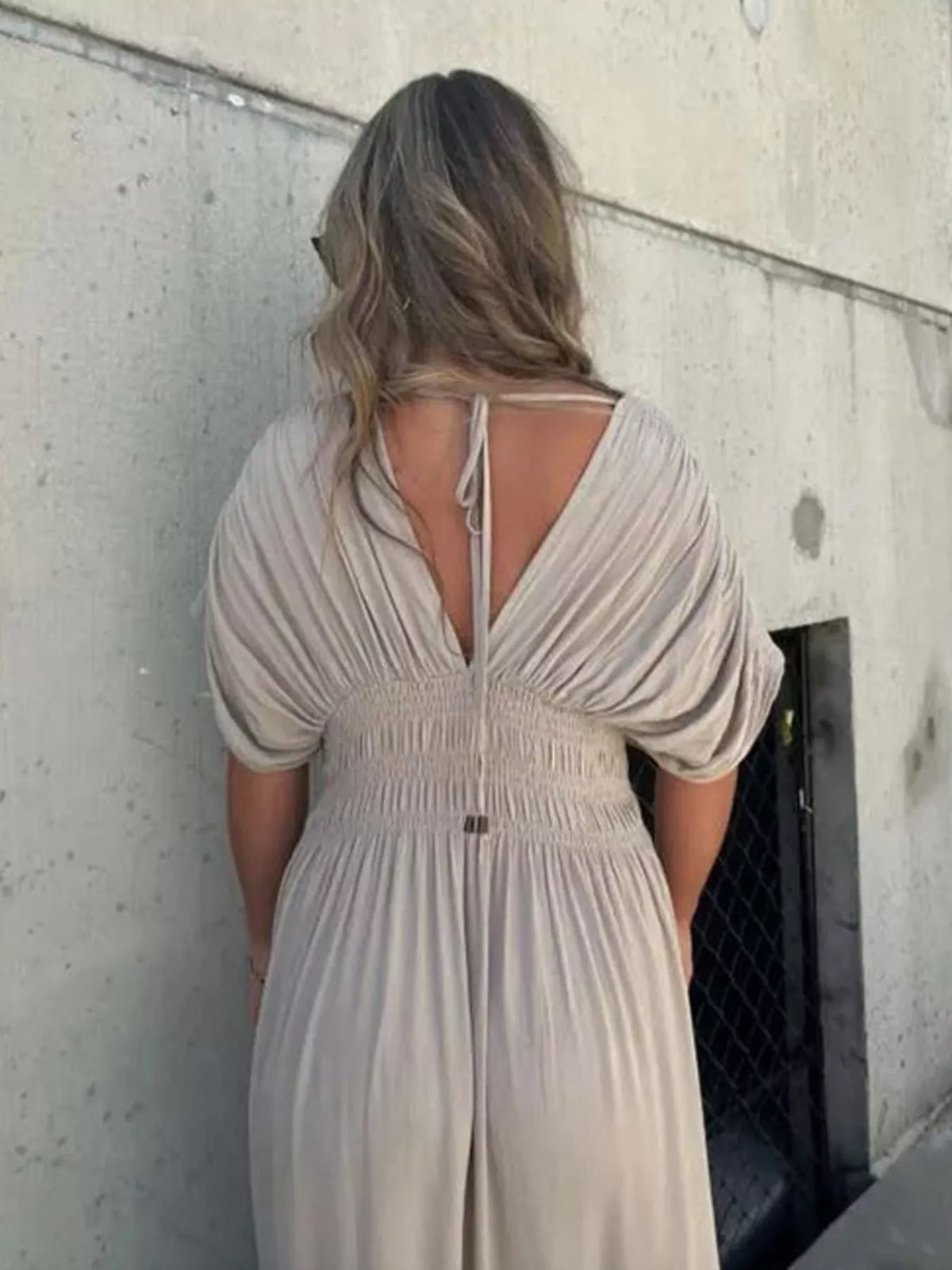 Slit V neck smocked waist maxi dress detail view