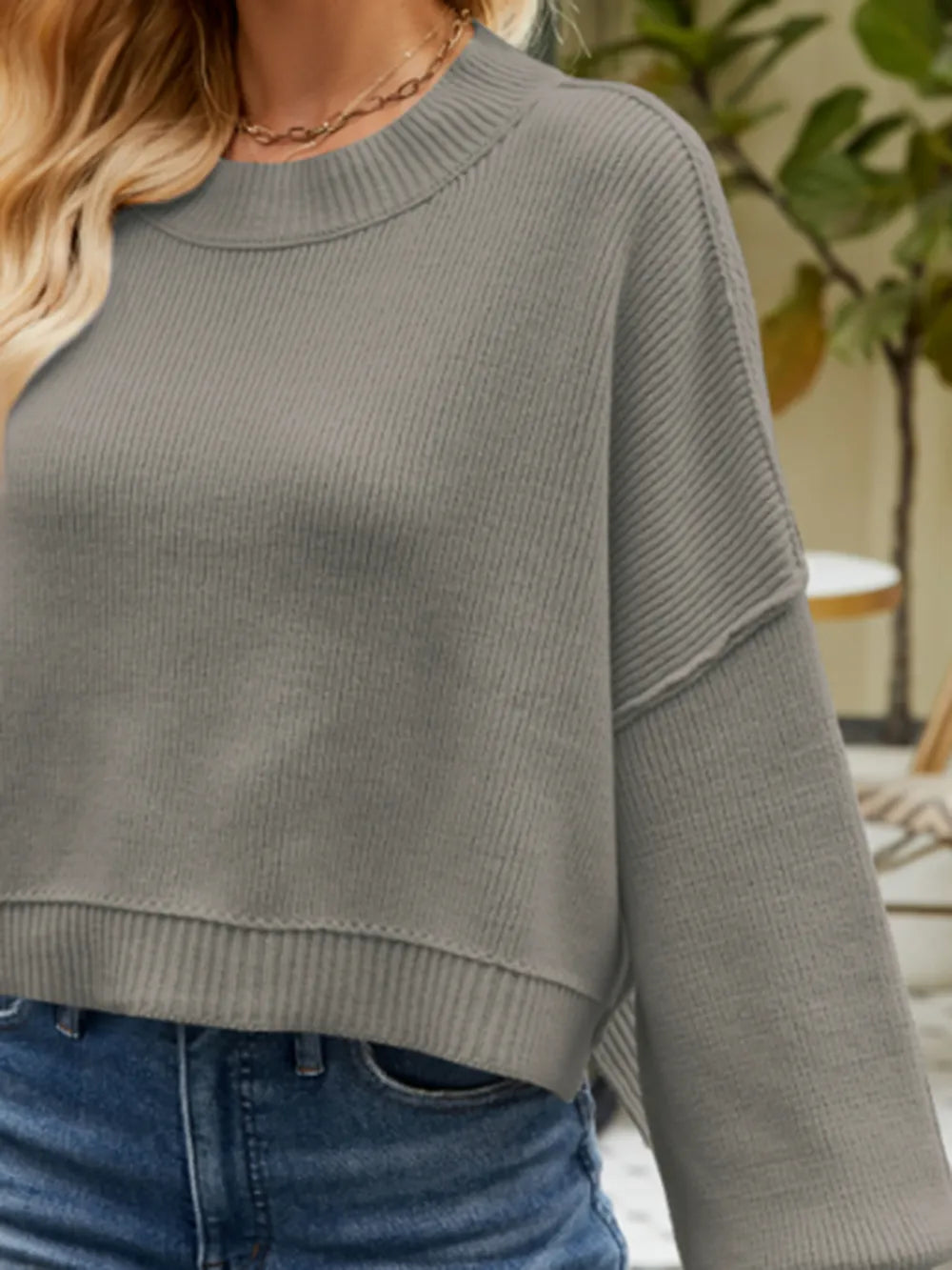 Round Neck Lantern Sleeve Sweater - Fashorio