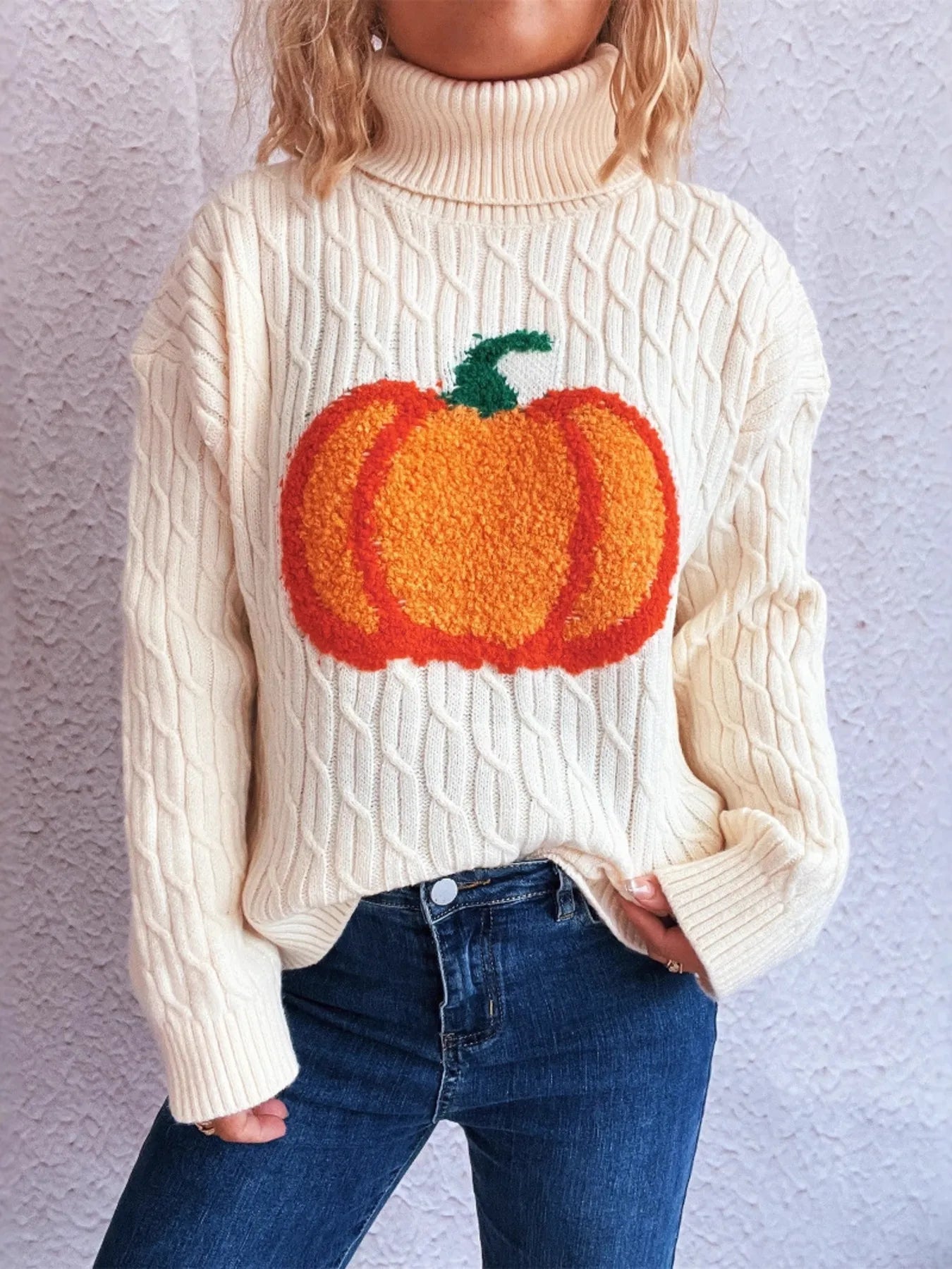 Pumpkin Turtleneck Long Sleeve Sweater - Fashorio