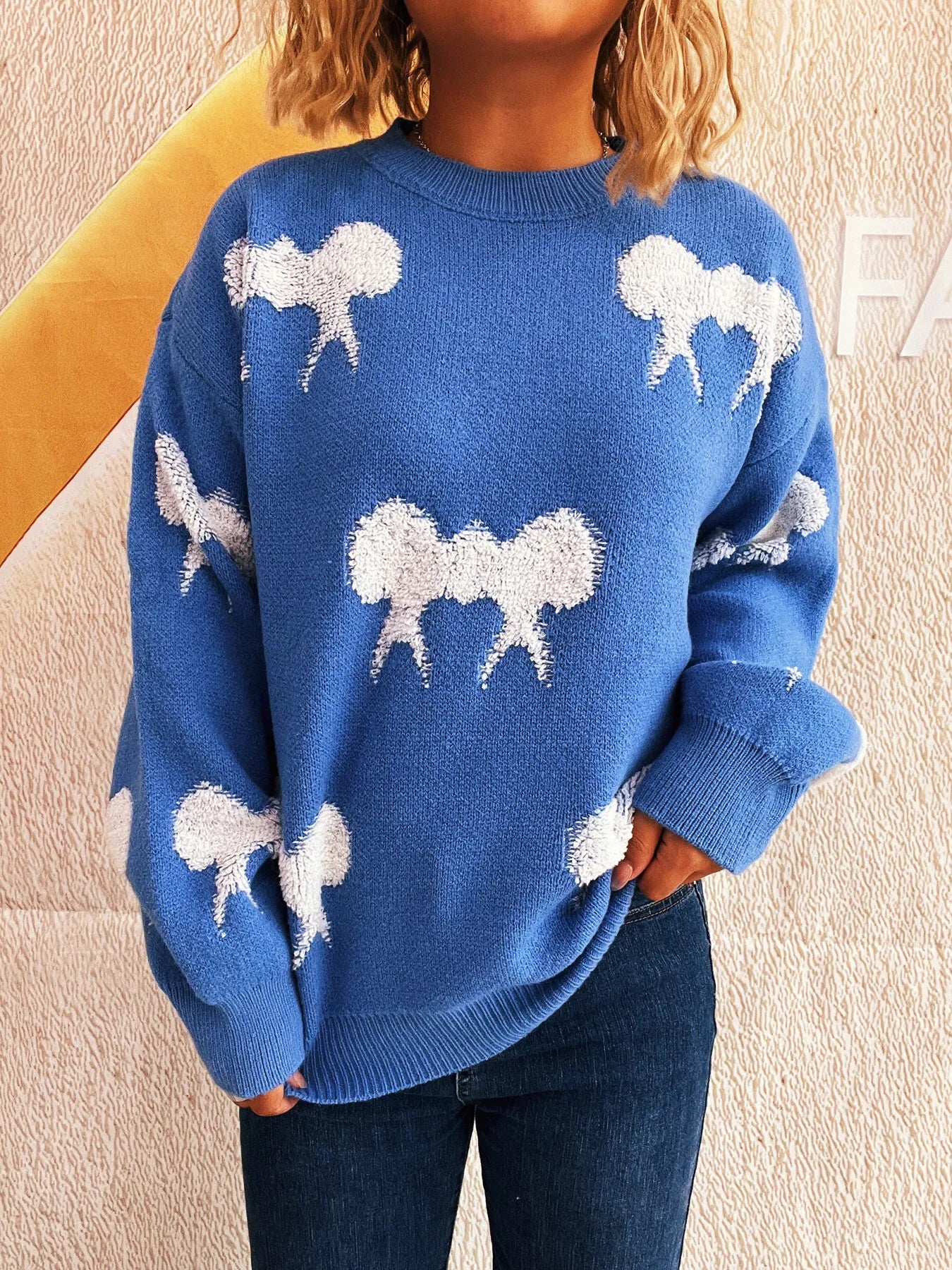 Bow Pattern Round Neck Sweater Blue One Size - Fashorio
