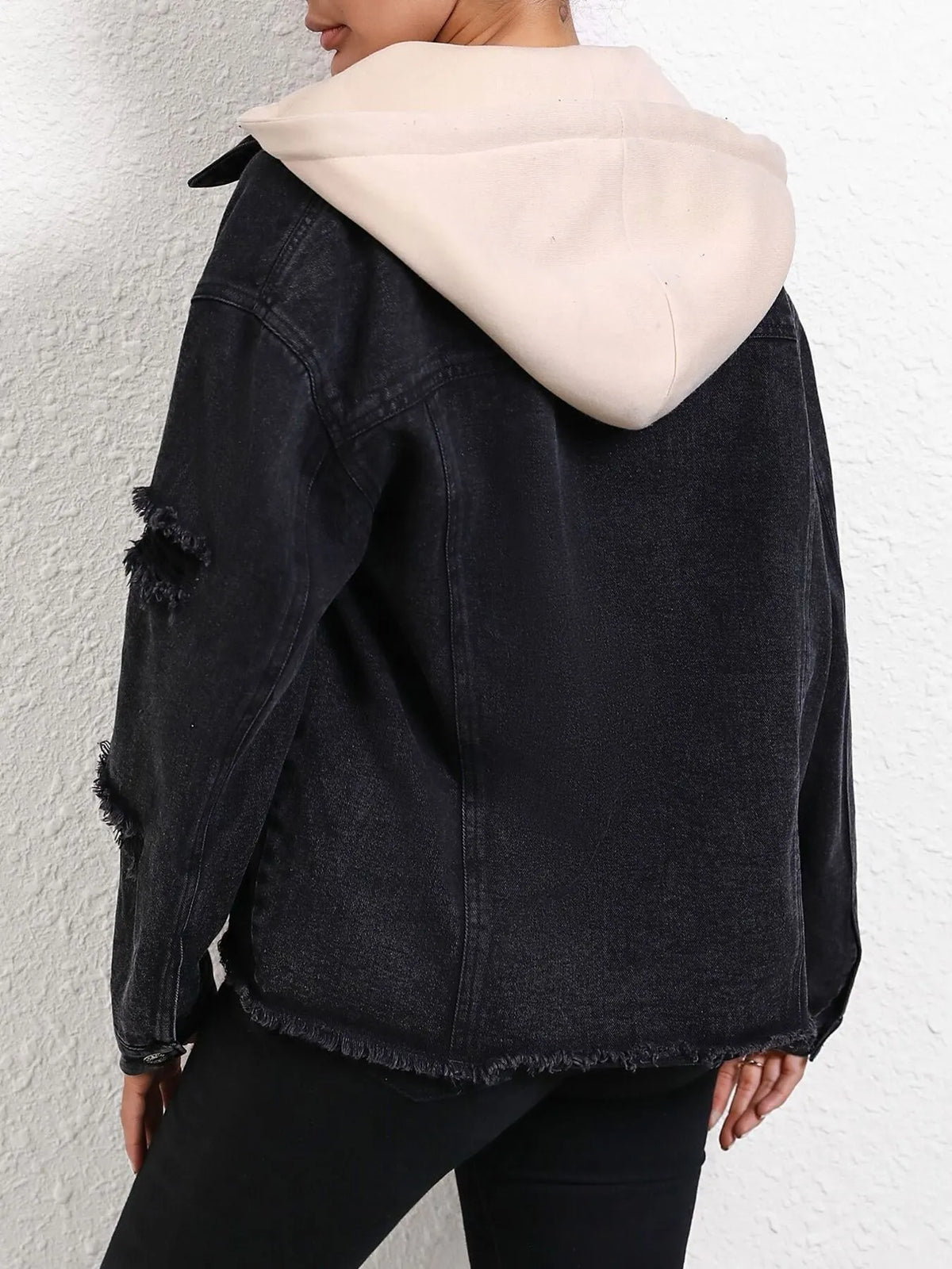 Distressed Hooded Denim Jacket in Dark Gray on model