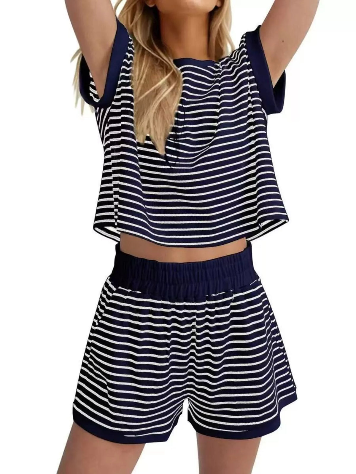 Striped Round Neck Top and Shorts Set Plus Size, view 9