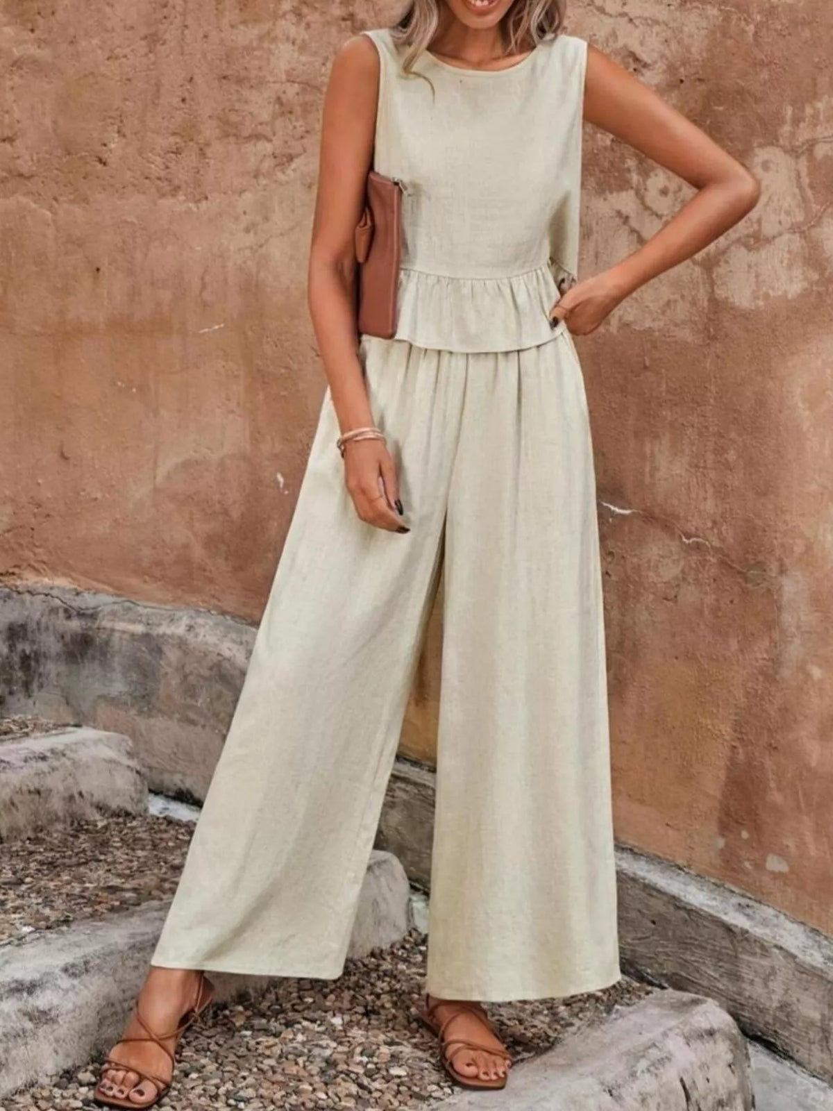 Ruffle hem two piece wide leg set styled