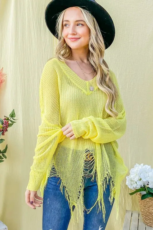 Distressed Mesh V Neck Sweater Cover Up in Yellow detail