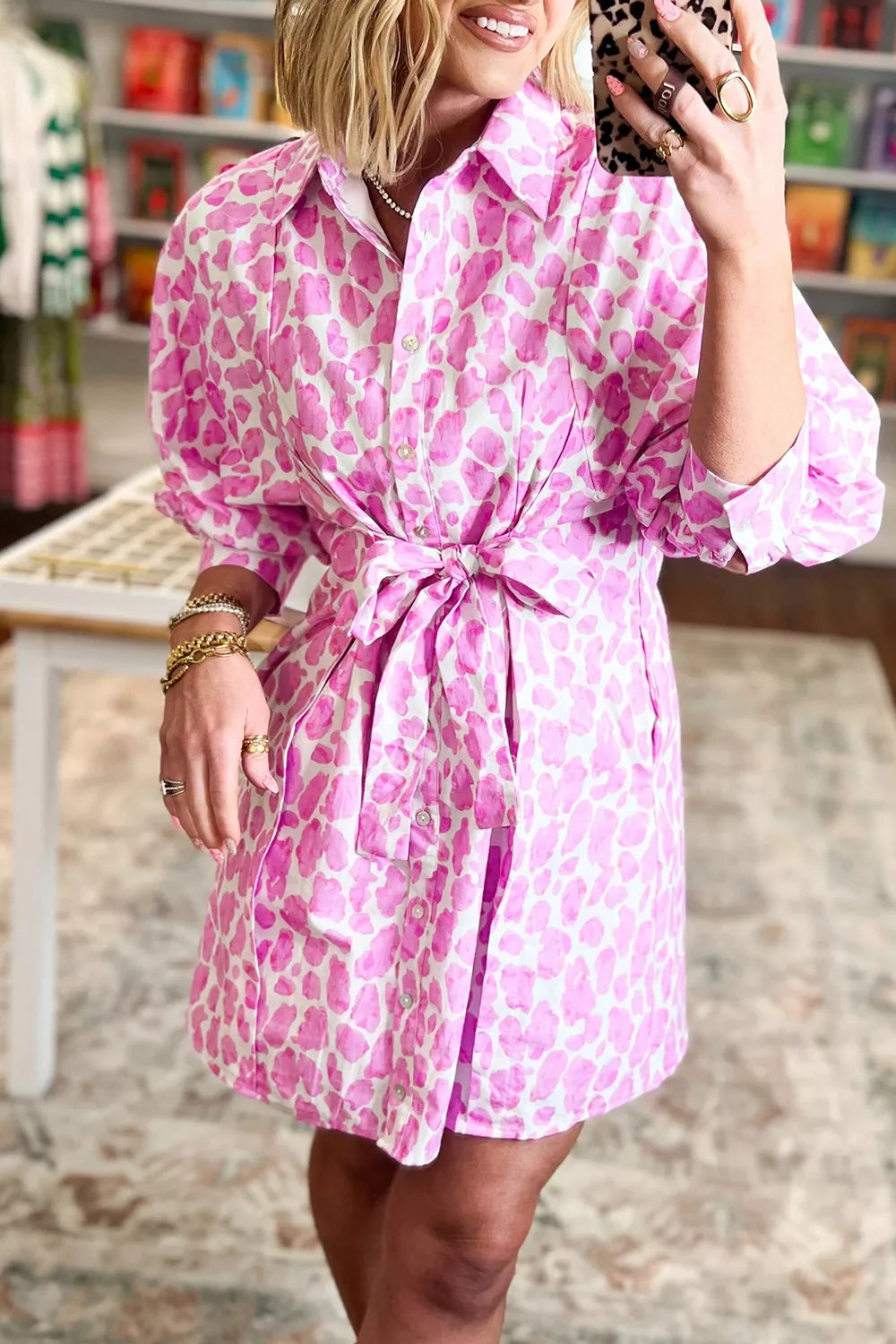 Pink leopard print mini shirt dress side view