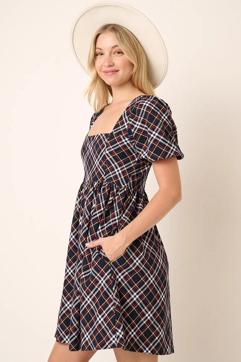 Checkered Print Puff Sleeve Babydoll Mini Dress