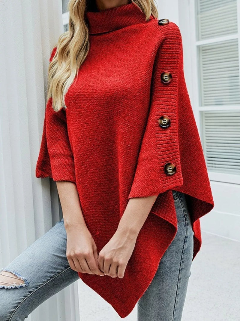 Buttoned turtleneck poncho sweater front view