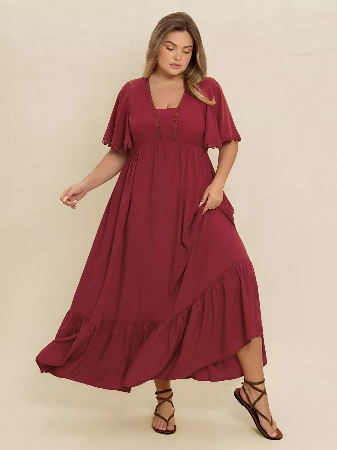 Lace Detail Flutter Sleeve Maxi Dress Plus Size styling view