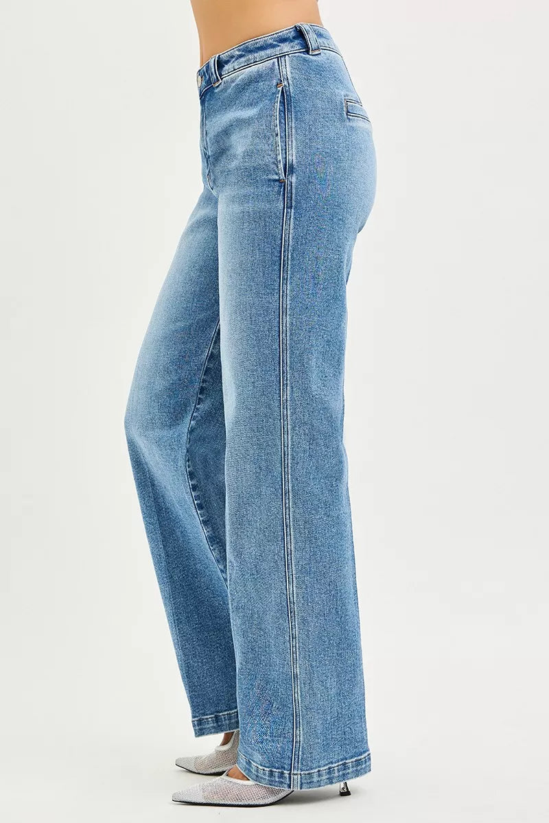 RISEN medium wash straight jeans full length styling