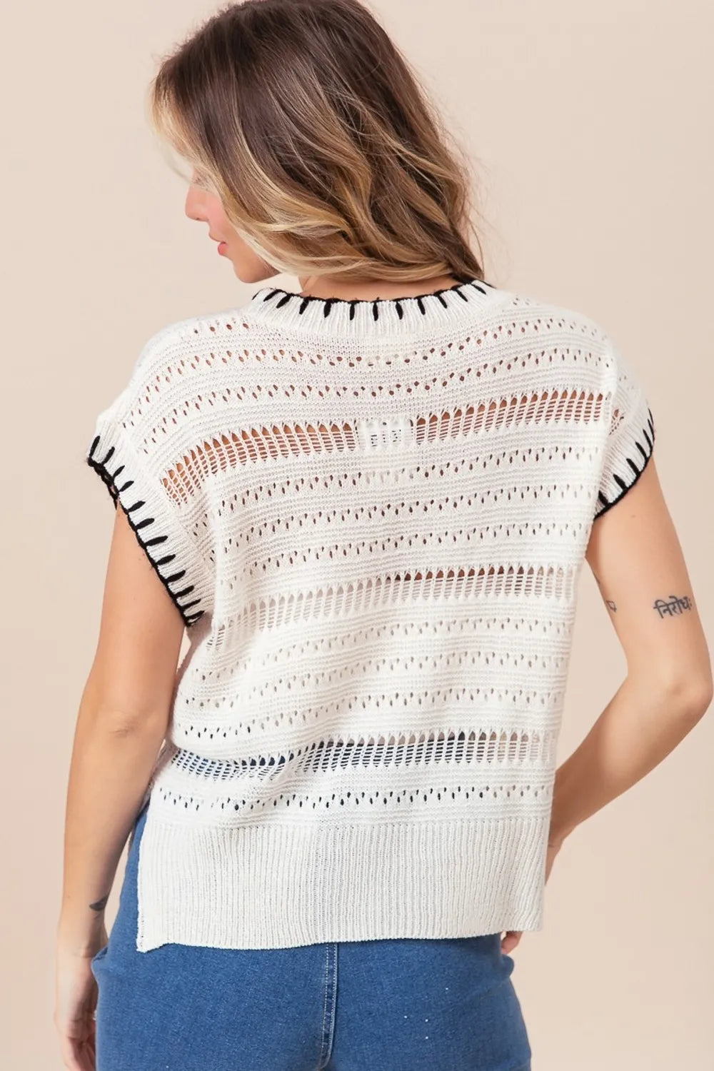 Pointelle Stitch Edge Side Slit Sweater Vest in Ivory and Black back view