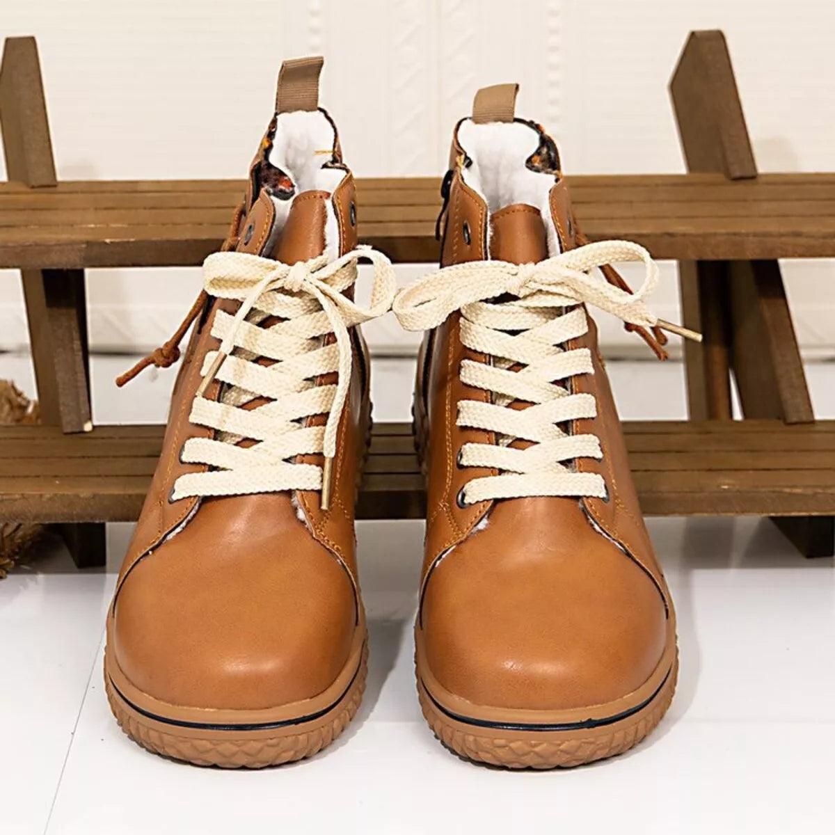Round toe platform ankle boots styled on model