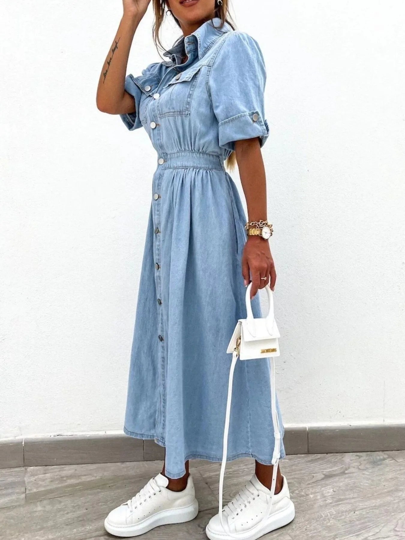 Full Size Button Down Roll-Up Sleeve Denim Shirt Dress Plus Size - Fashorio