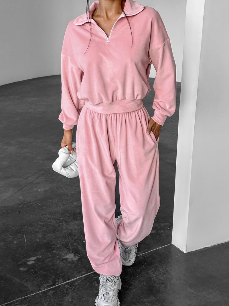 Dusty pink quarter zip top and pants set front