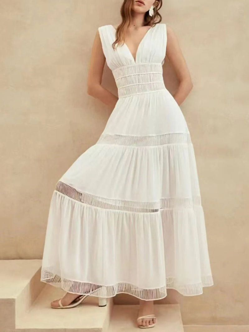 tiered V neck sleeveless maxi dress front view