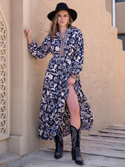 Printed Notched Neck Maxi Dress Dark Blue - Fashorio