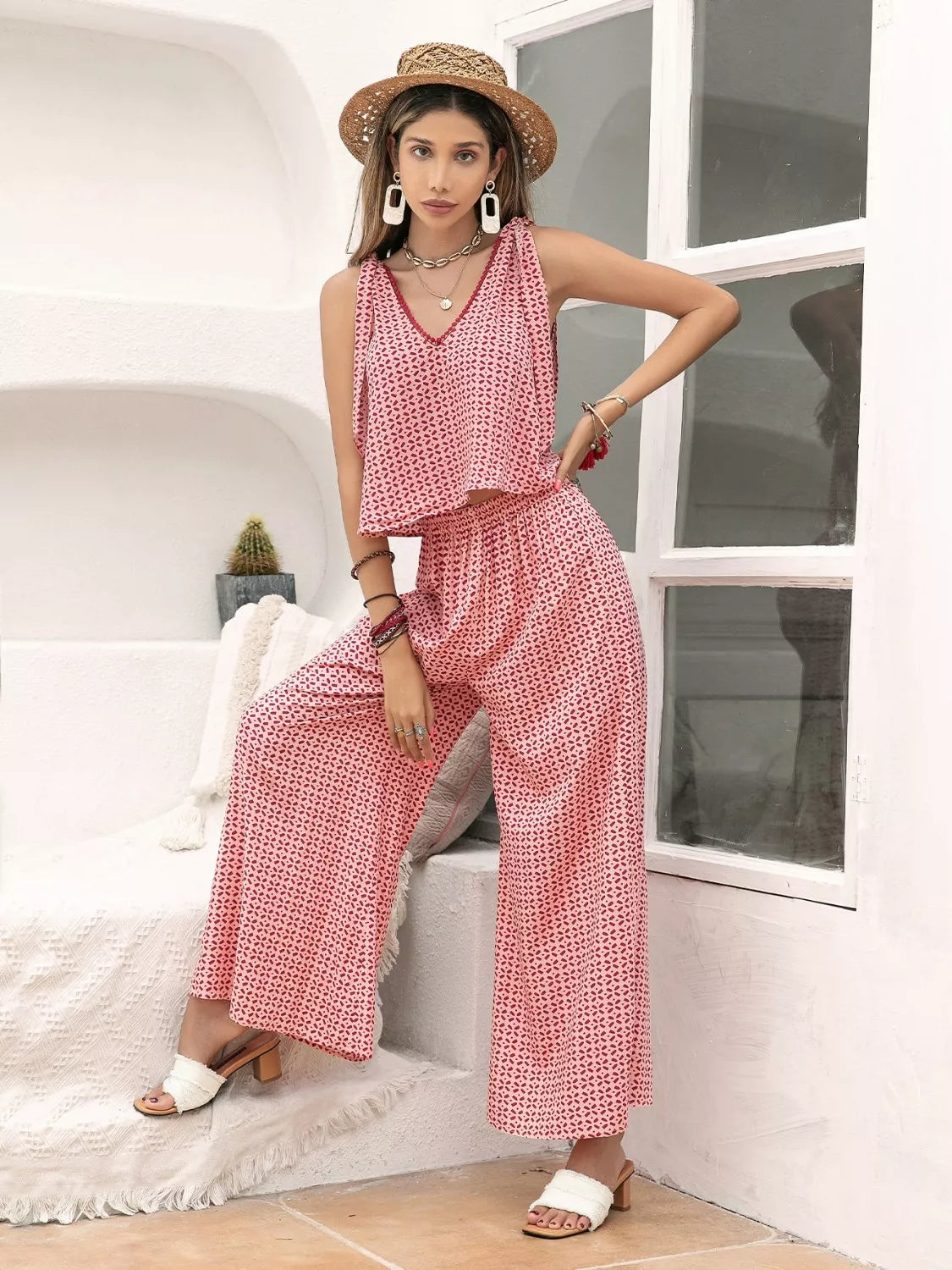 Gingham Tie Shoulder Top and Pants Set styled look