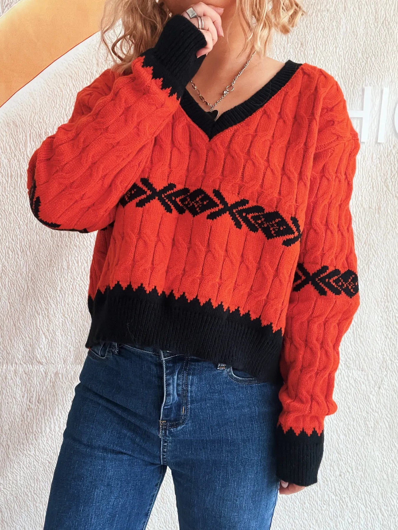 Cable Knit V-Neck Sweater Orange One Size - Fashorio