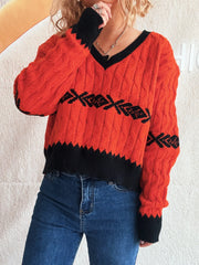 Cable Knit V-Neck Sweater Orange One Size - Fashorio