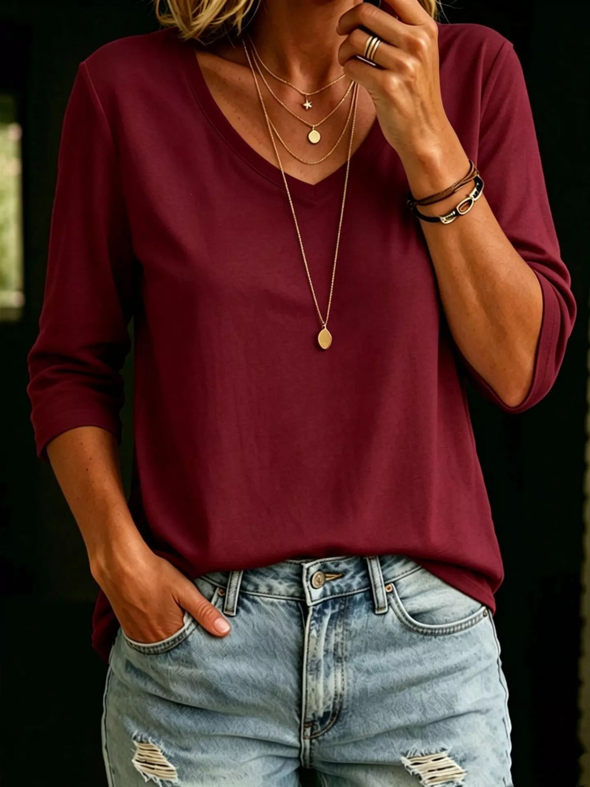 Light green v neck three quarter sleeve tee