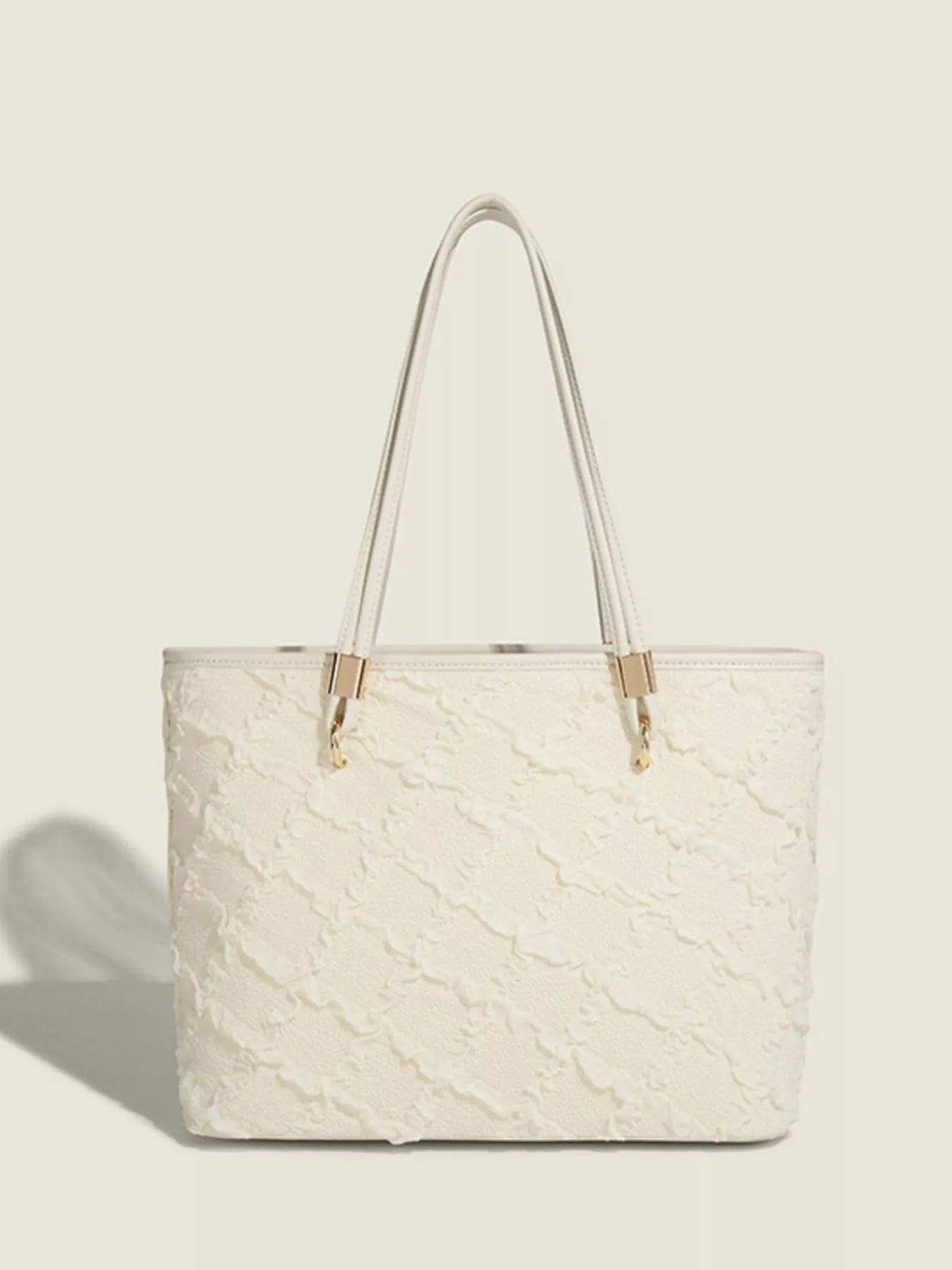 Textured white tote bag side view