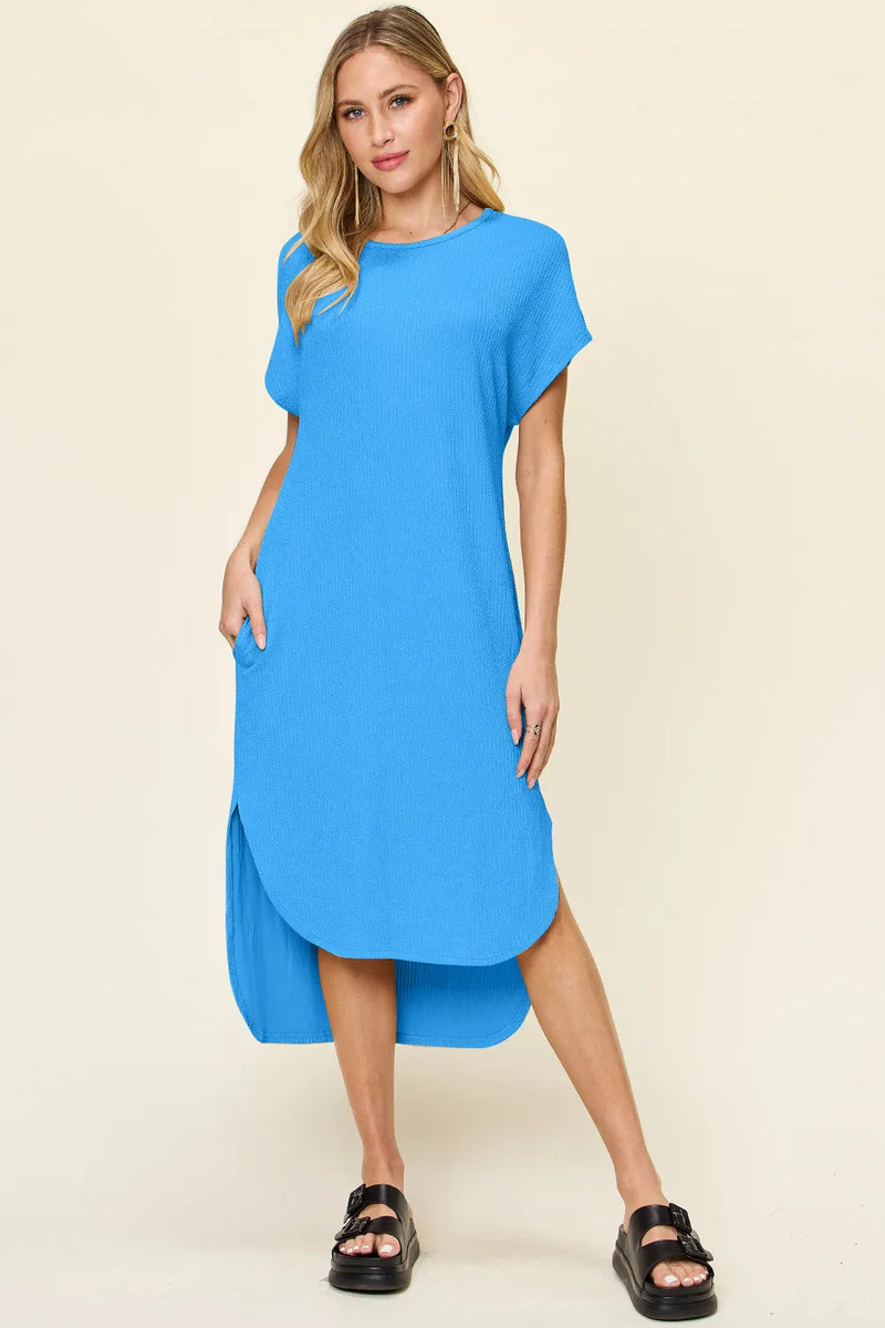 Round neck short sleeve slit dress front view