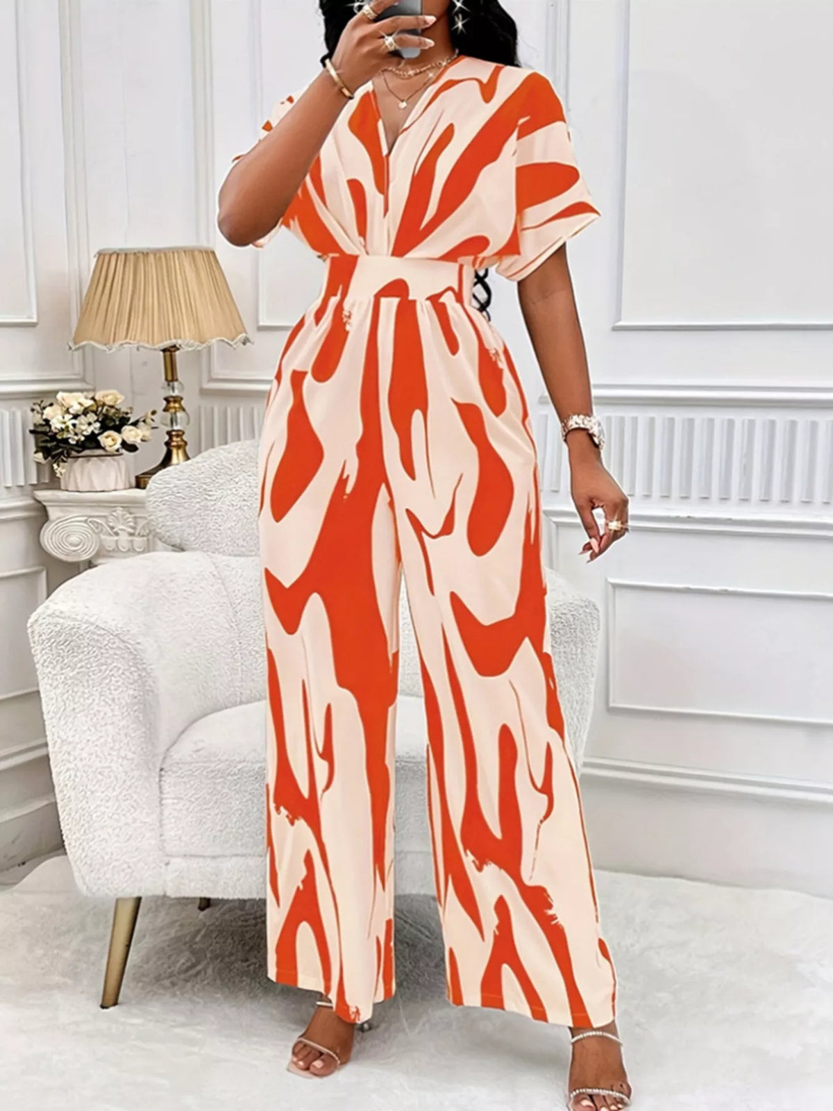Abstract print wide leg jumpsuit with ruched bodice front view