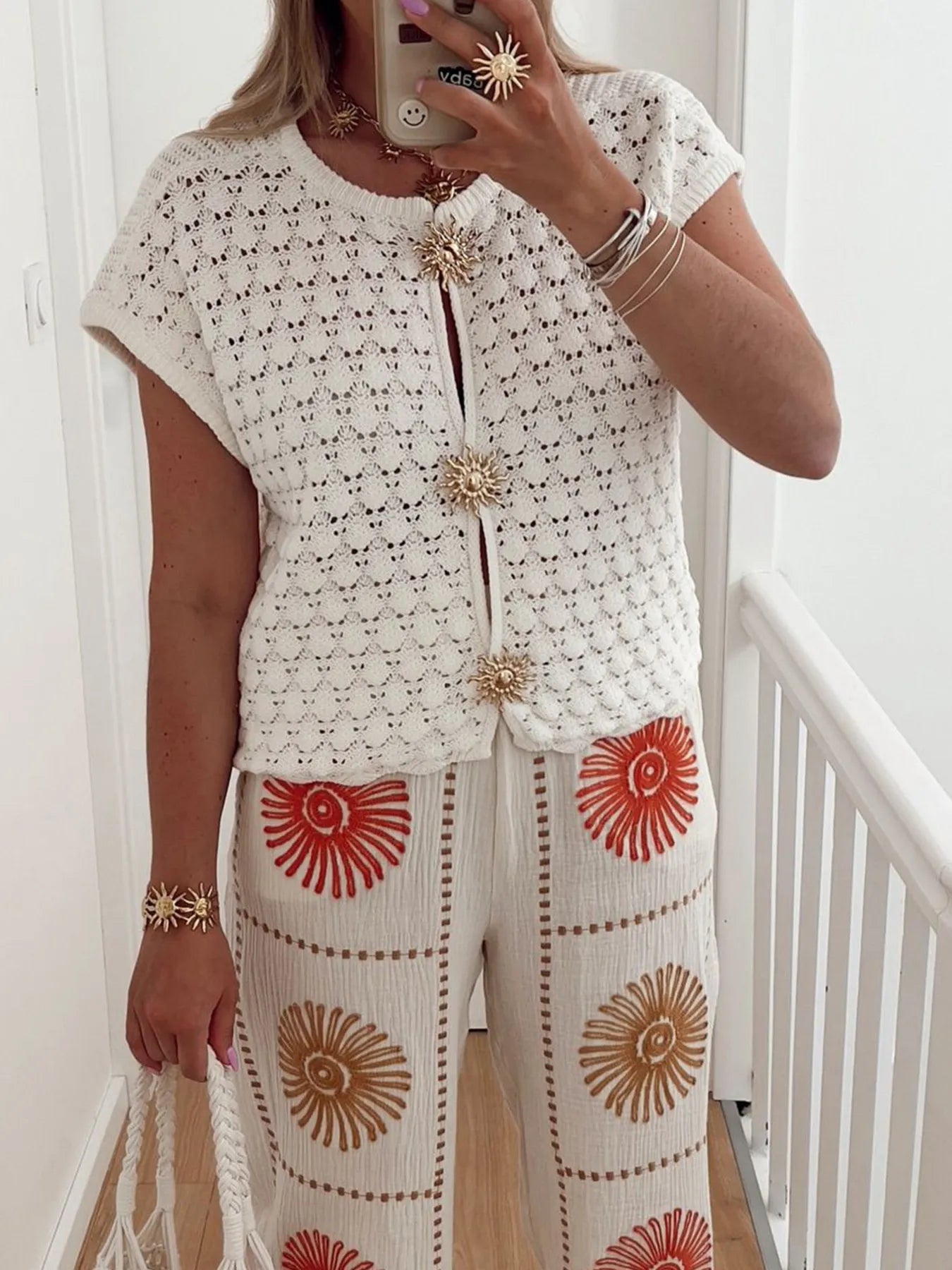 Crochet Short Sleeve Button Front Cardigan - Fashorio