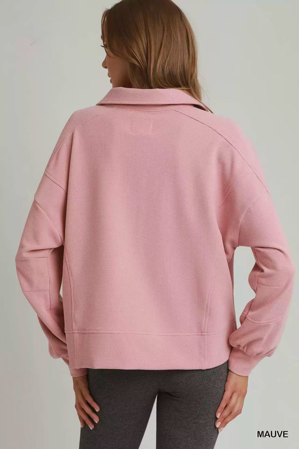 mauve brushed waffle polo pullover detail view
