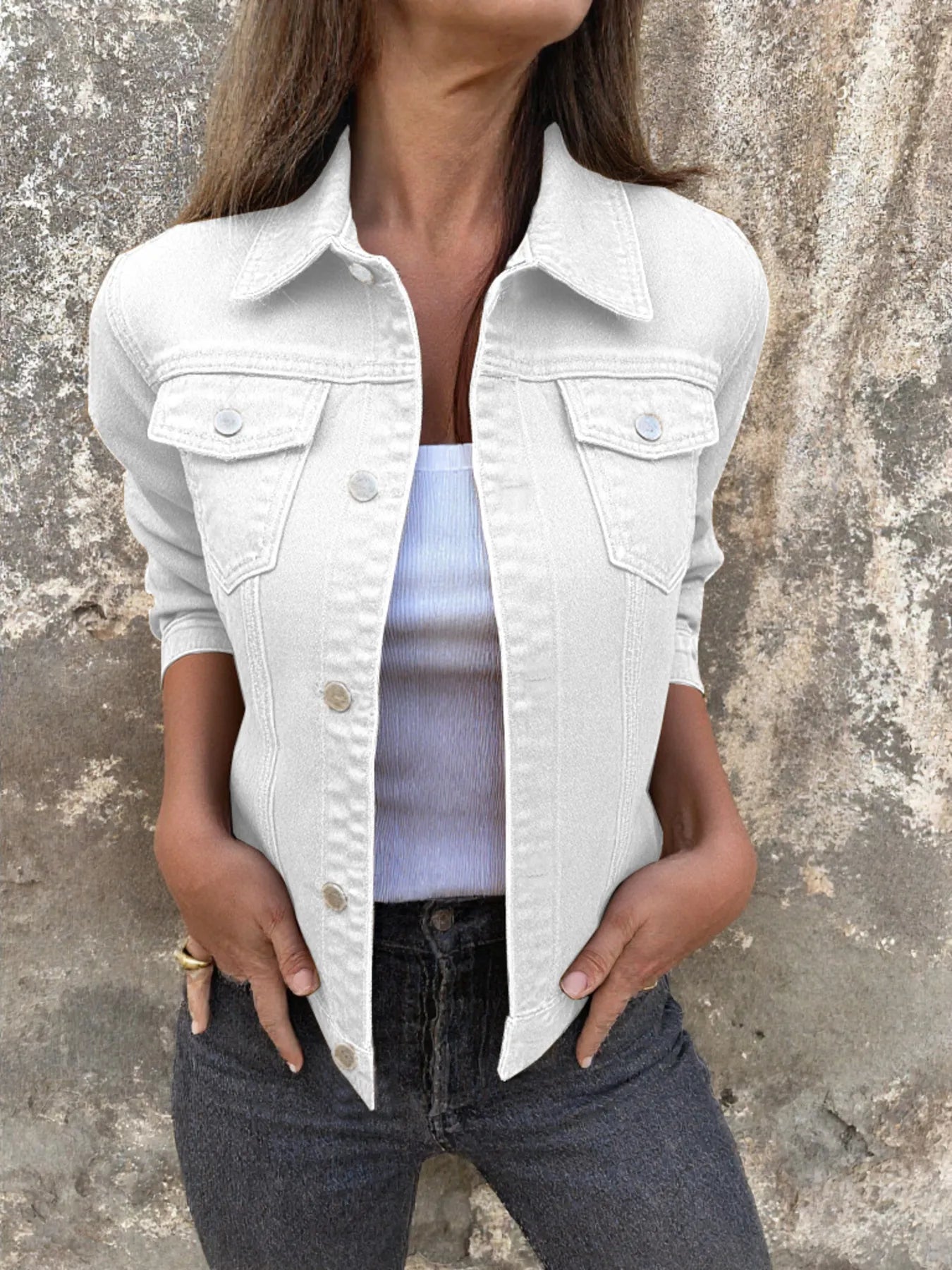 Button Front Closure Denim Jacket White - Fashorio